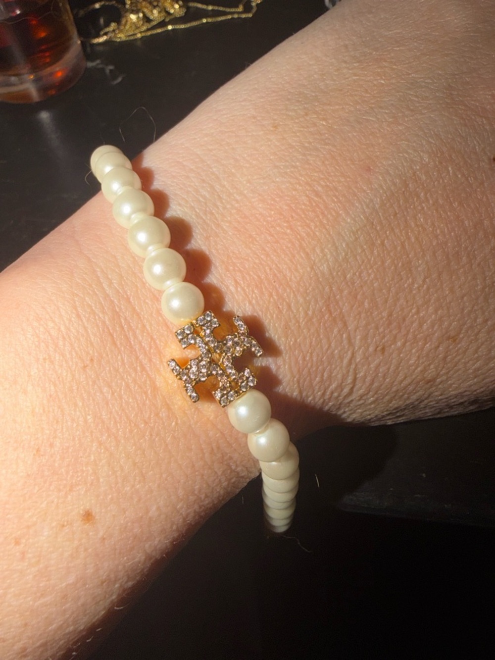 Tory Burch Pearl Necklace with Gold Crystal Logo Accent - Picture 2 of 2